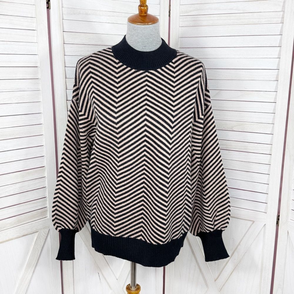 Zesica Chevron Stripe‎ Lantern Sleeve Mock Neck Sweater Tan Black Large
